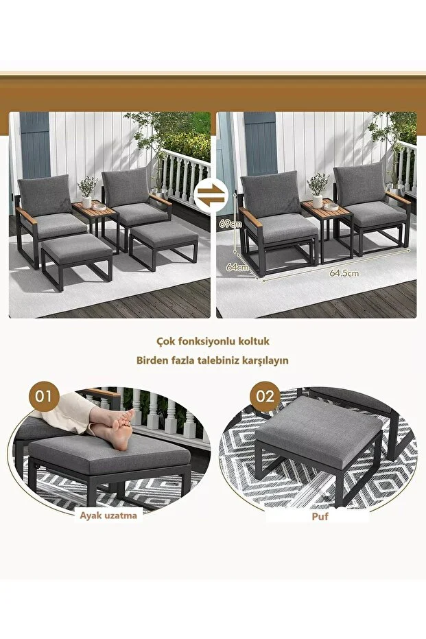 5 Parça Metal Çerçeve Outdoor Multilounge Bahçe Balkon Mobilya,Uzanma